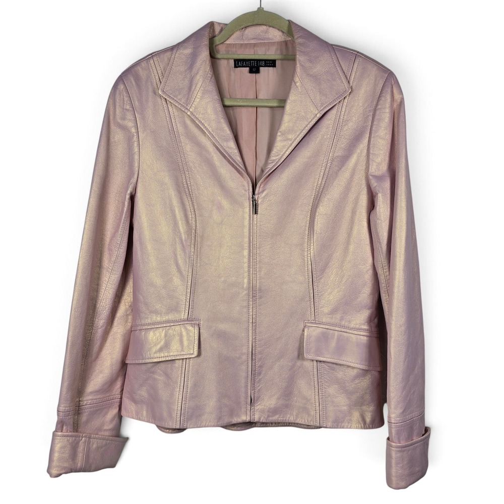 Lafayette 148 Jacket Women 12 Pink Gold Iridescent Metallic Leather Zip EUC Luxe